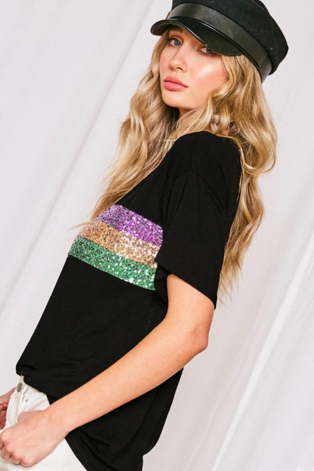 Mardi Gras Sequin Stripes Patchwork T Shirt