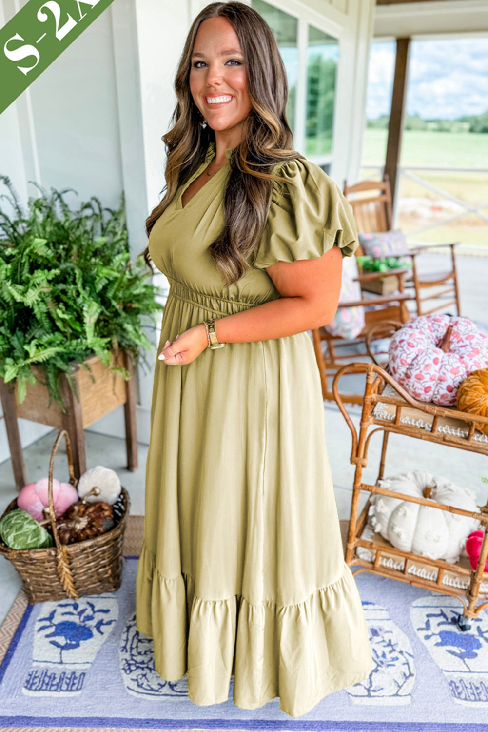 Plus Size V Neck Puff Sleeve Tiered Maxi Dress