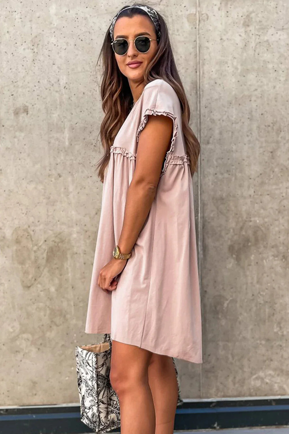 Frilled Trim Crewneck Mini Dress