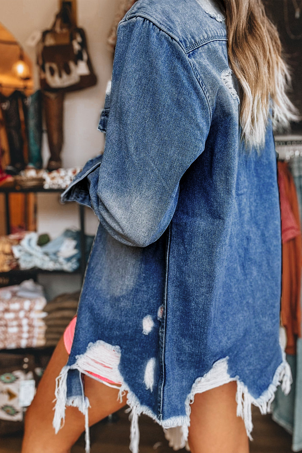 Wash Distressed Frayed Denim Jacket