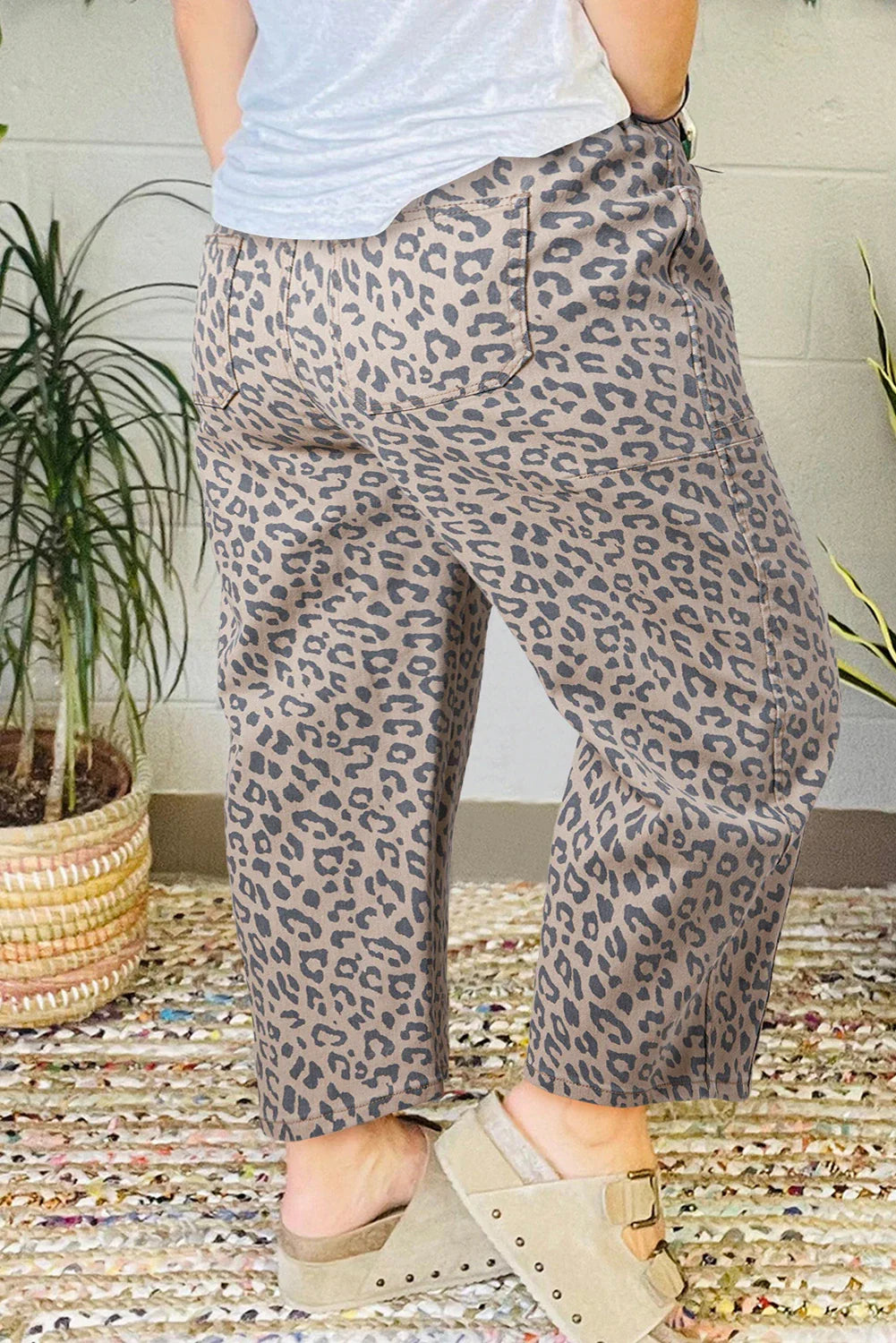 Leopard Drawstring Waist Pocketed Wide Leg Jeans