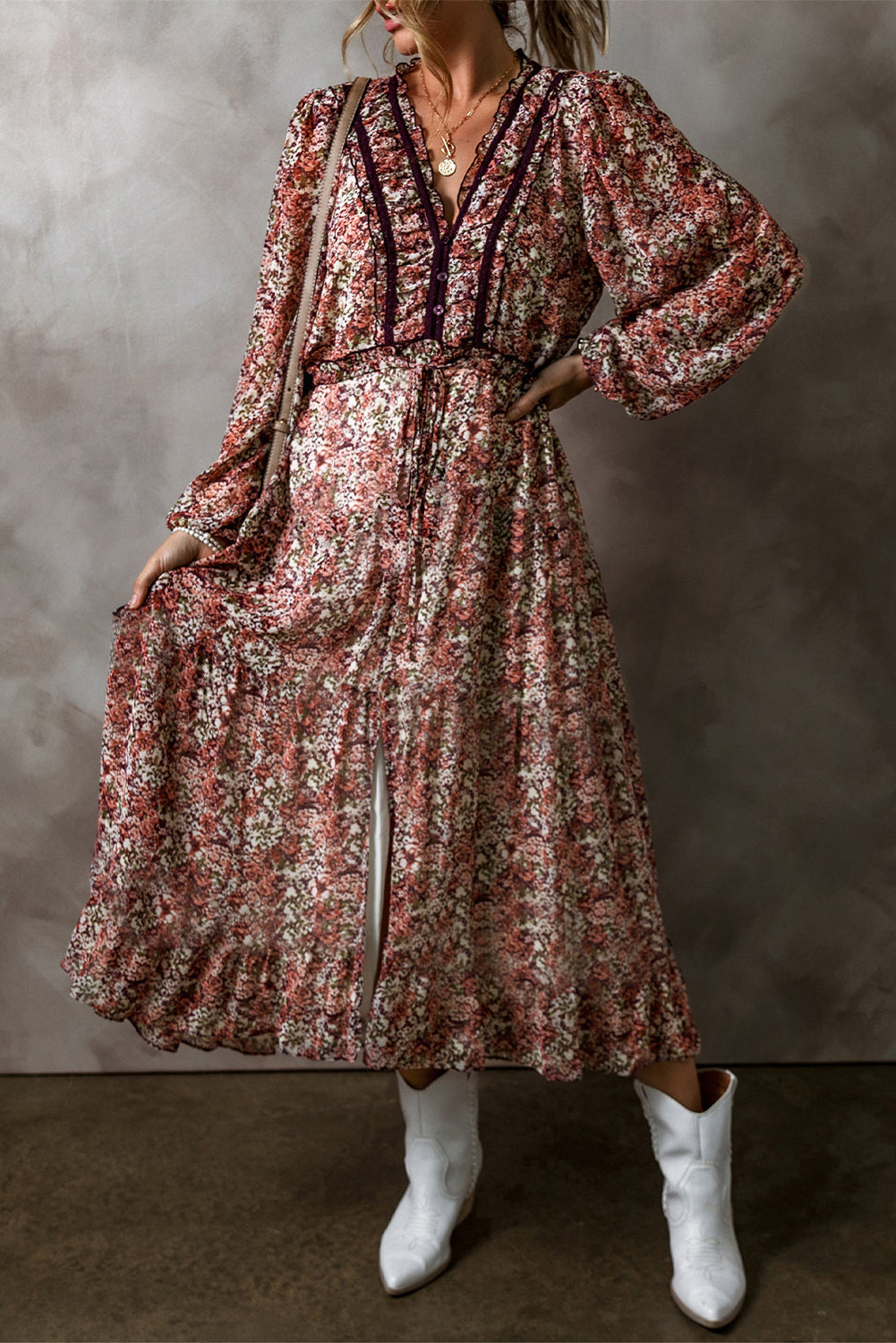 Floral Split Front Tiered Frilled Midi Dress
