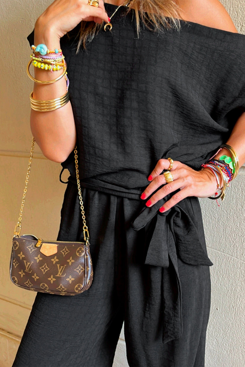 Checkered Textured Short Sleeve Knotted Waist Jumpsuit