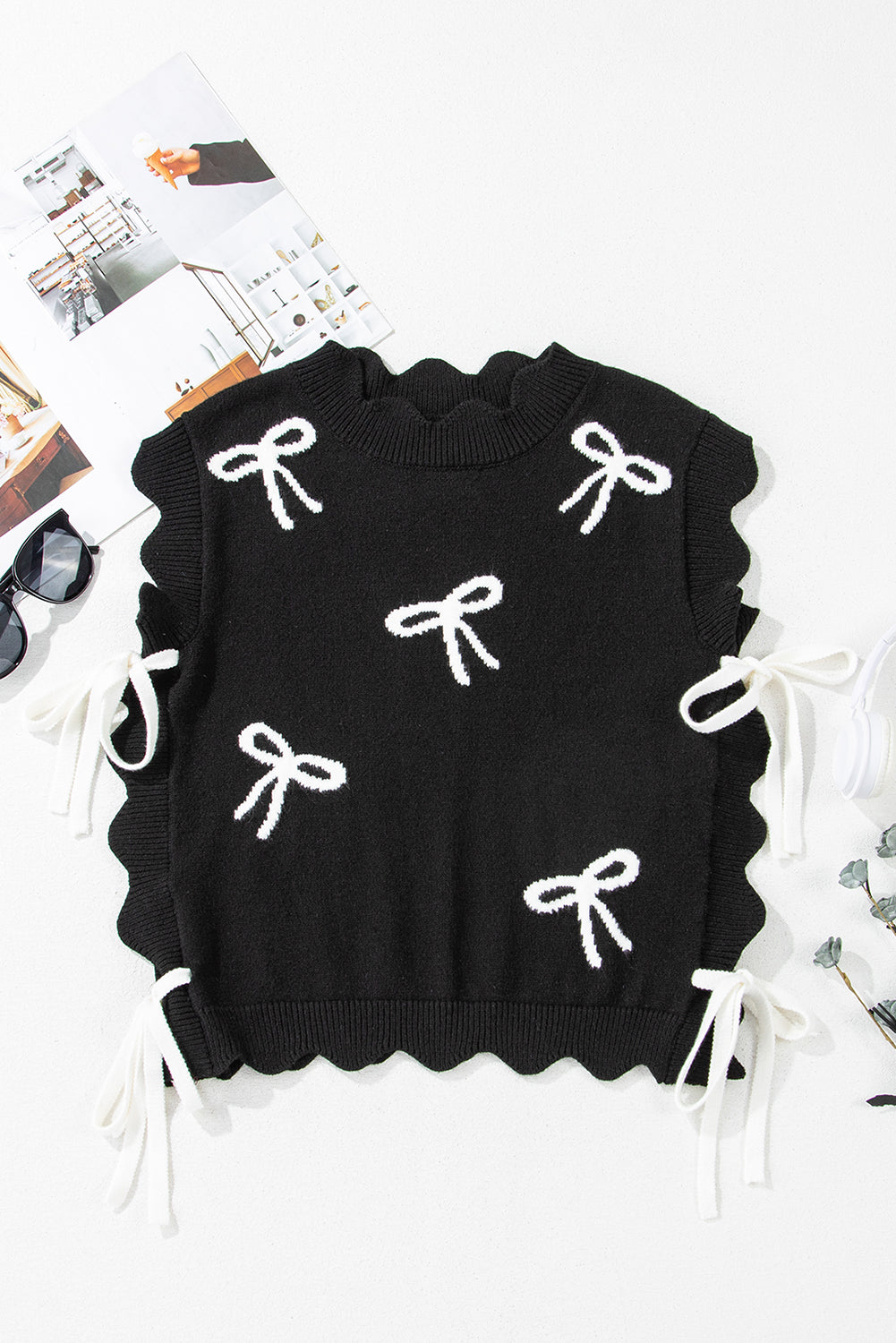 Bow Side Ties Scalloped Hem Sweater