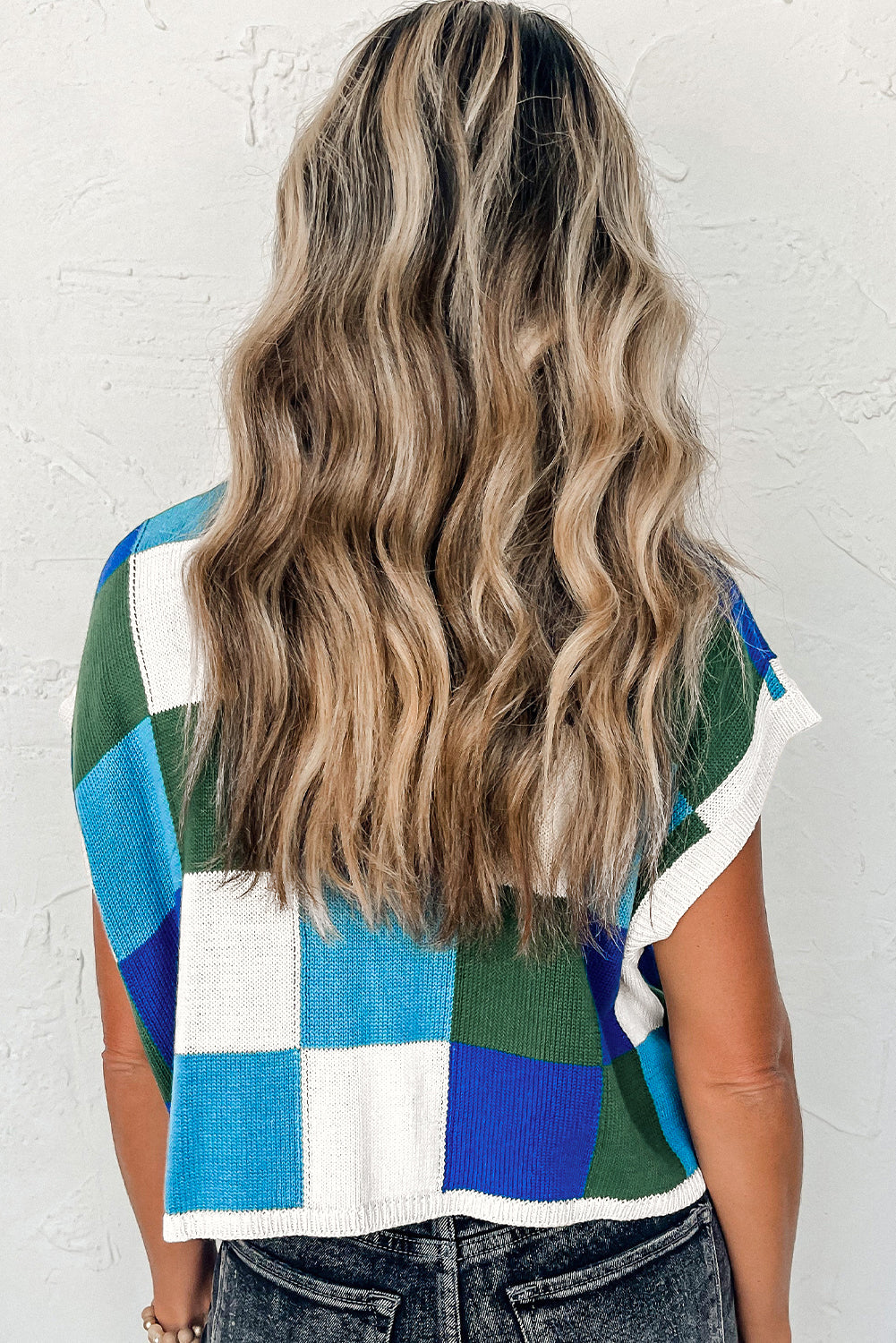 Checkered Color Block Cap Sleeve Sweater