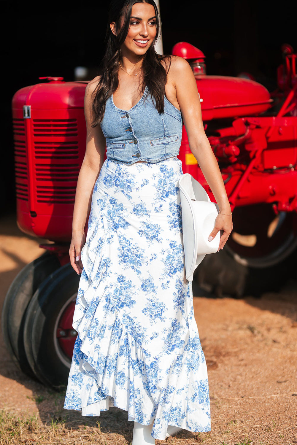 Floral High Waist Ruffle Split Maxi Skirt