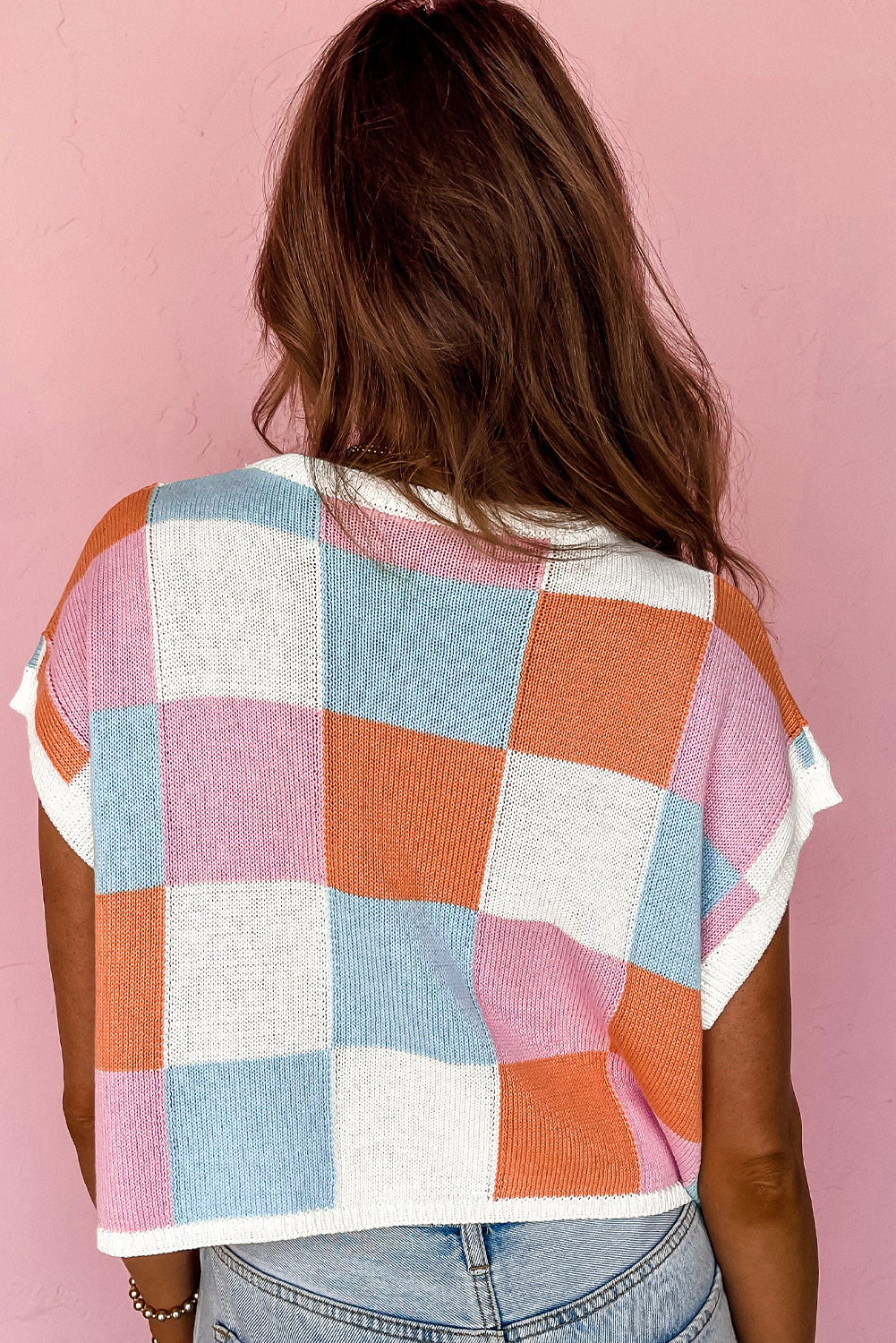 Checkered Color Block Cap Sleeve Sweater