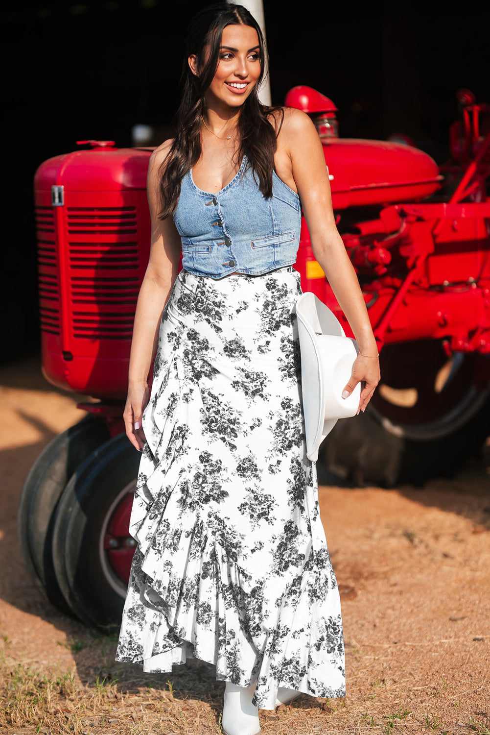 Floral High Waist Ruffle Split Maxi Skirt