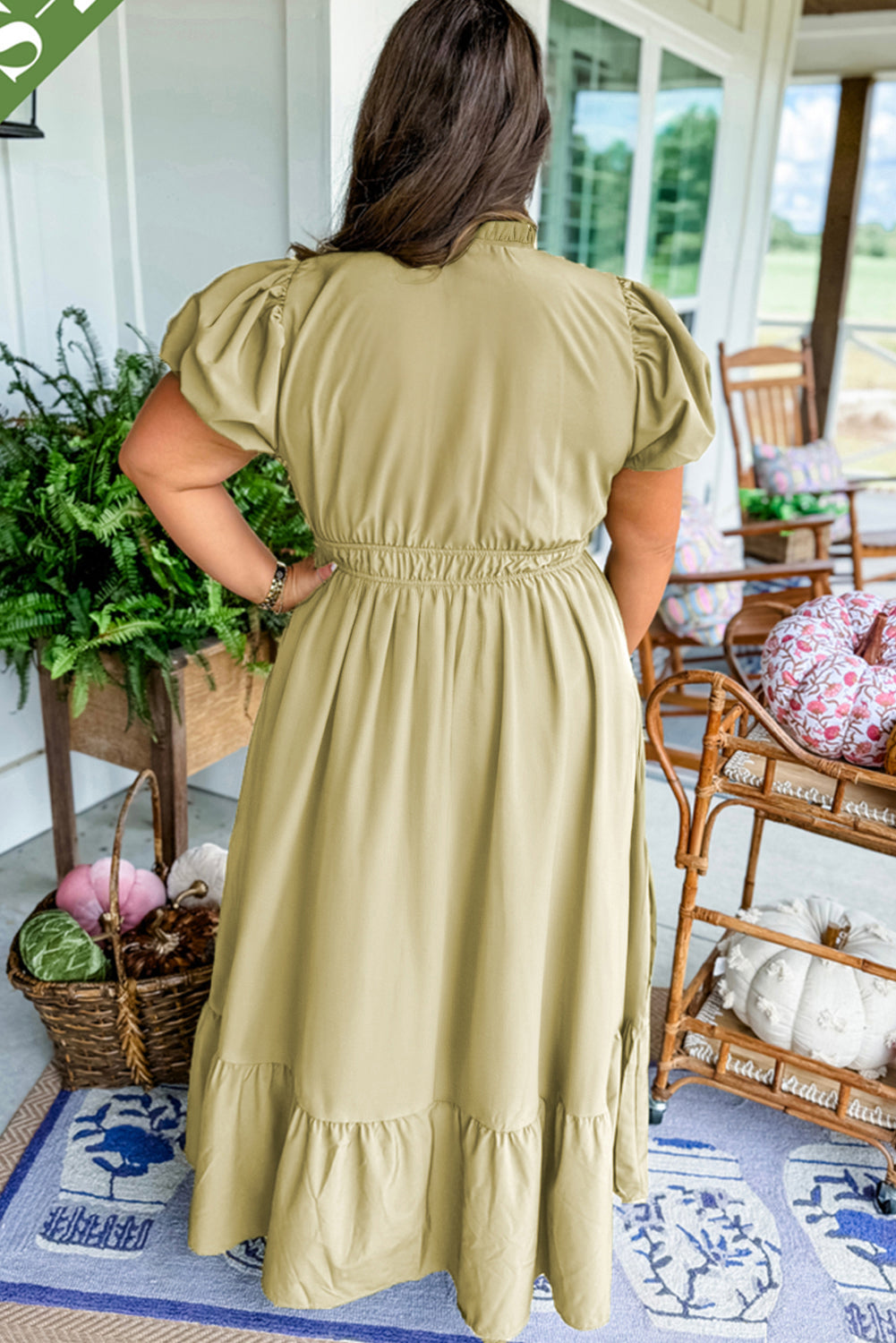 Plus Size V Neck Puff Sleeve Tiered Maxi Dress