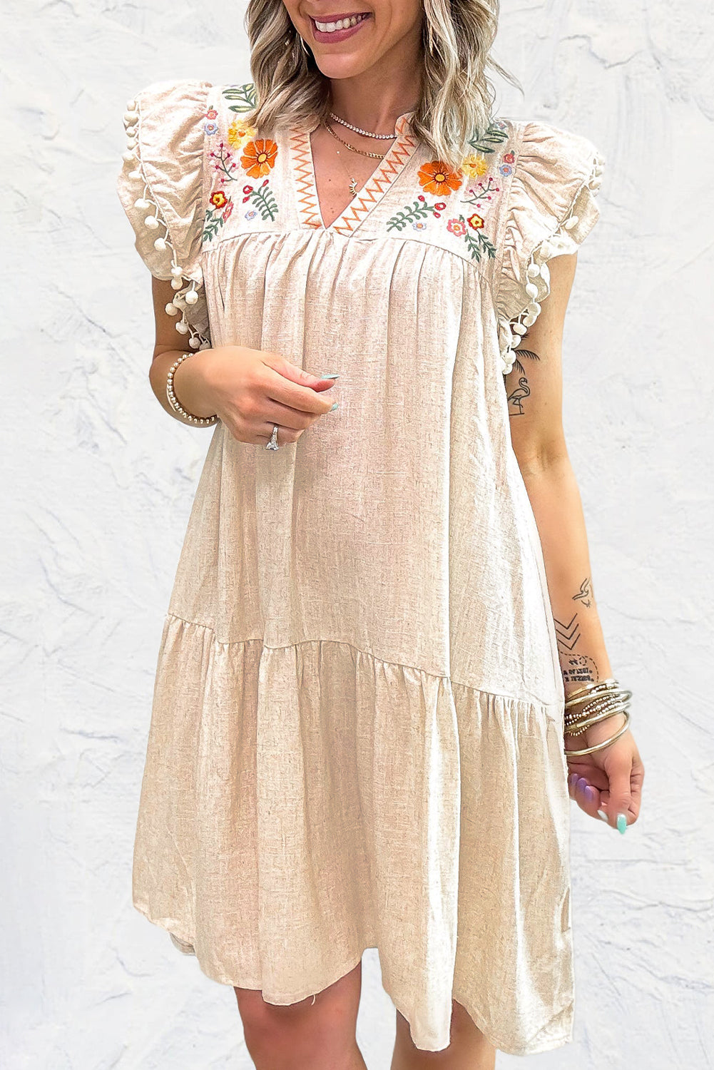 Linen Embroidery Ruffle Sleeves Dress