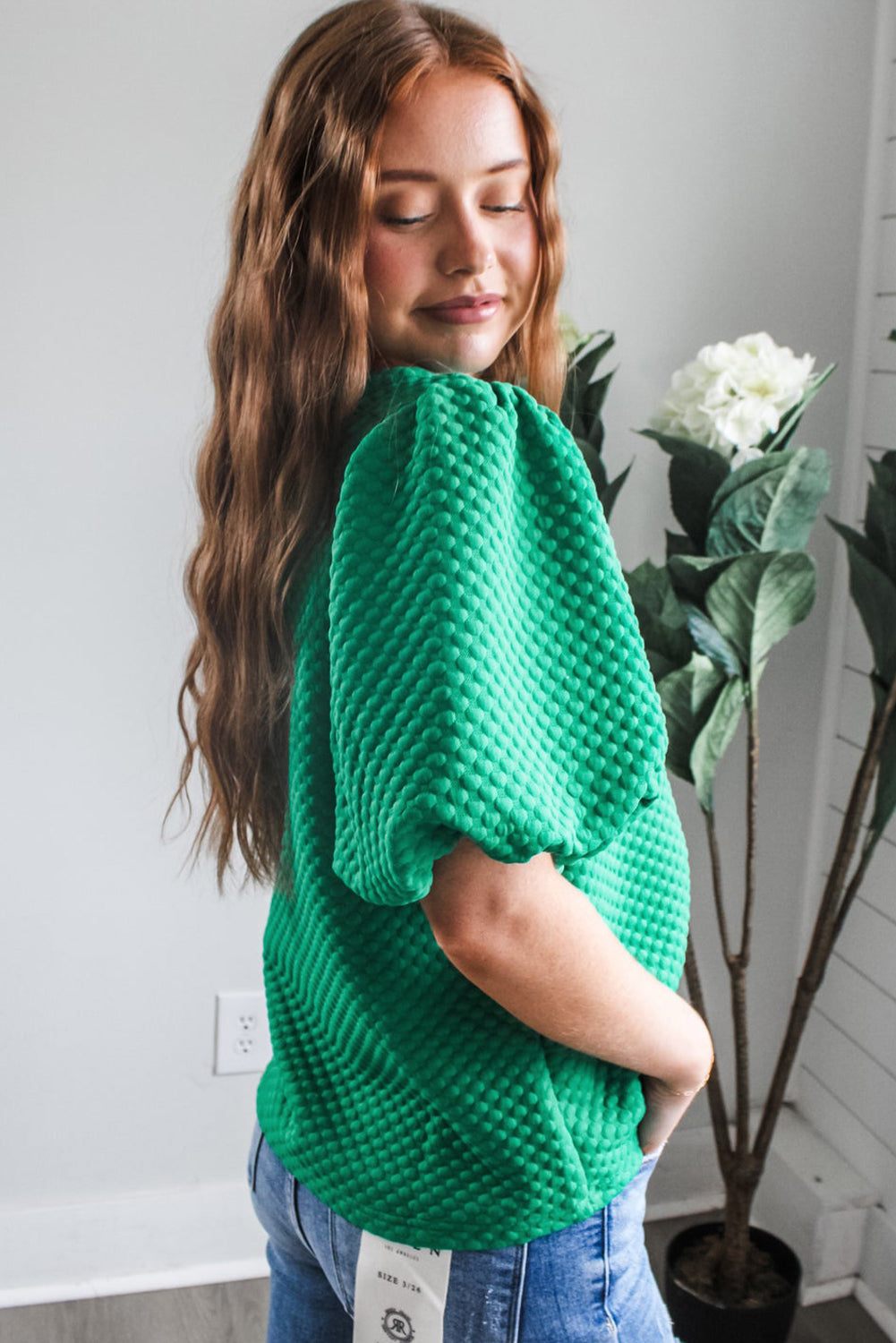 Textured O Neck Puff Sleeve Blouse