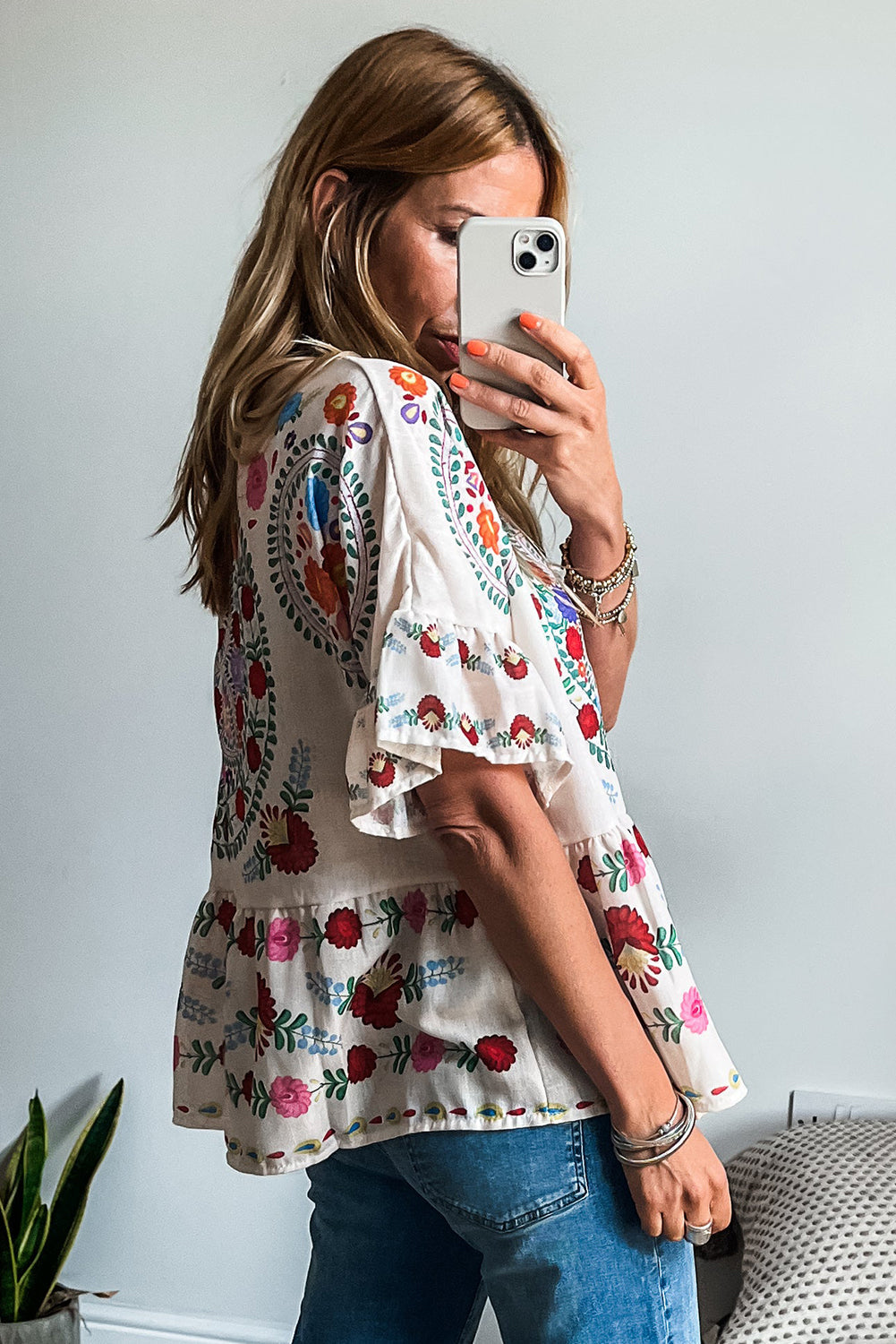 Boho Floral Ruffle Trim Blouse