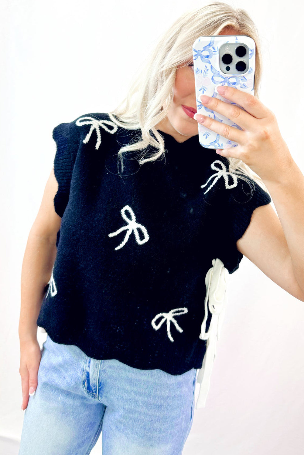 Bow Side Ties Scalloped Hem Sweater