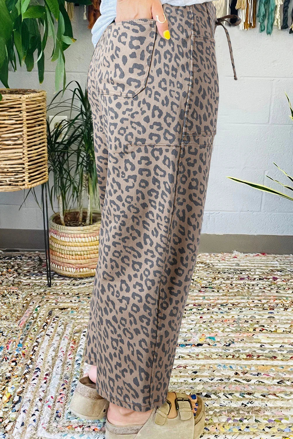 Leopard Drawstring Waist Pocketed Wide Leg Jeans