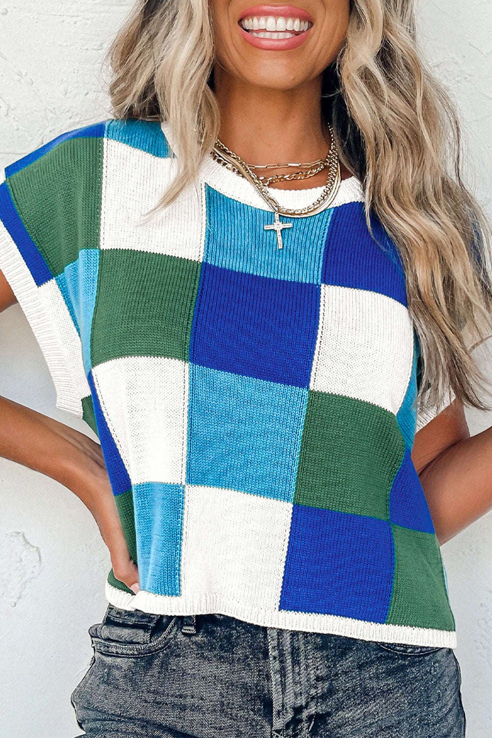 Checkered Color Block Cap Sleeve Sweater