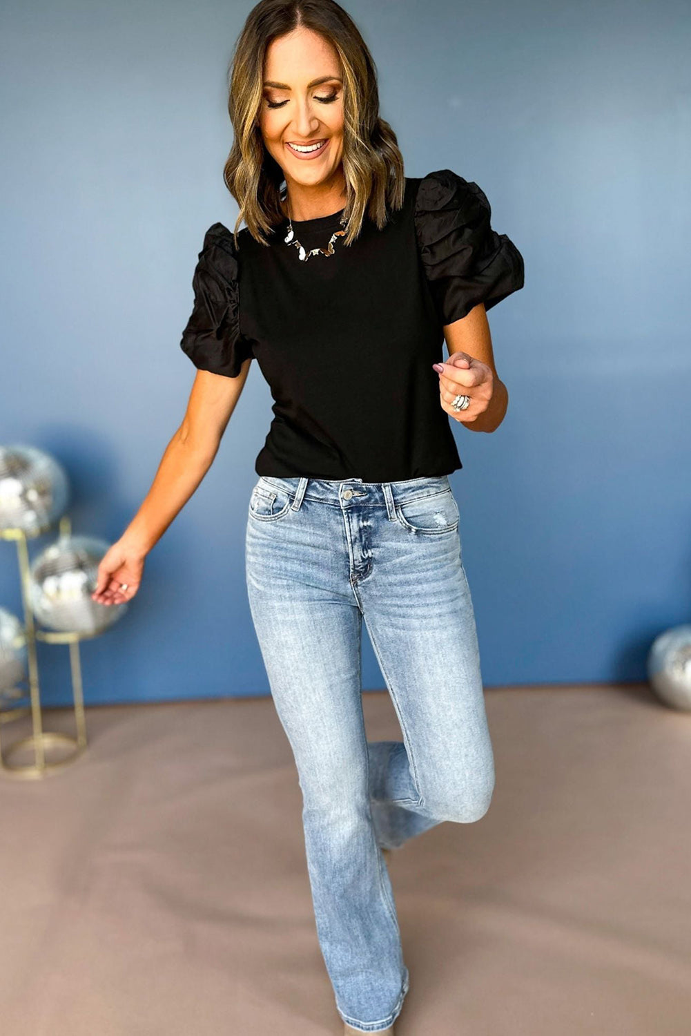 Ruched Puff Sleeve Crew Neck Tee