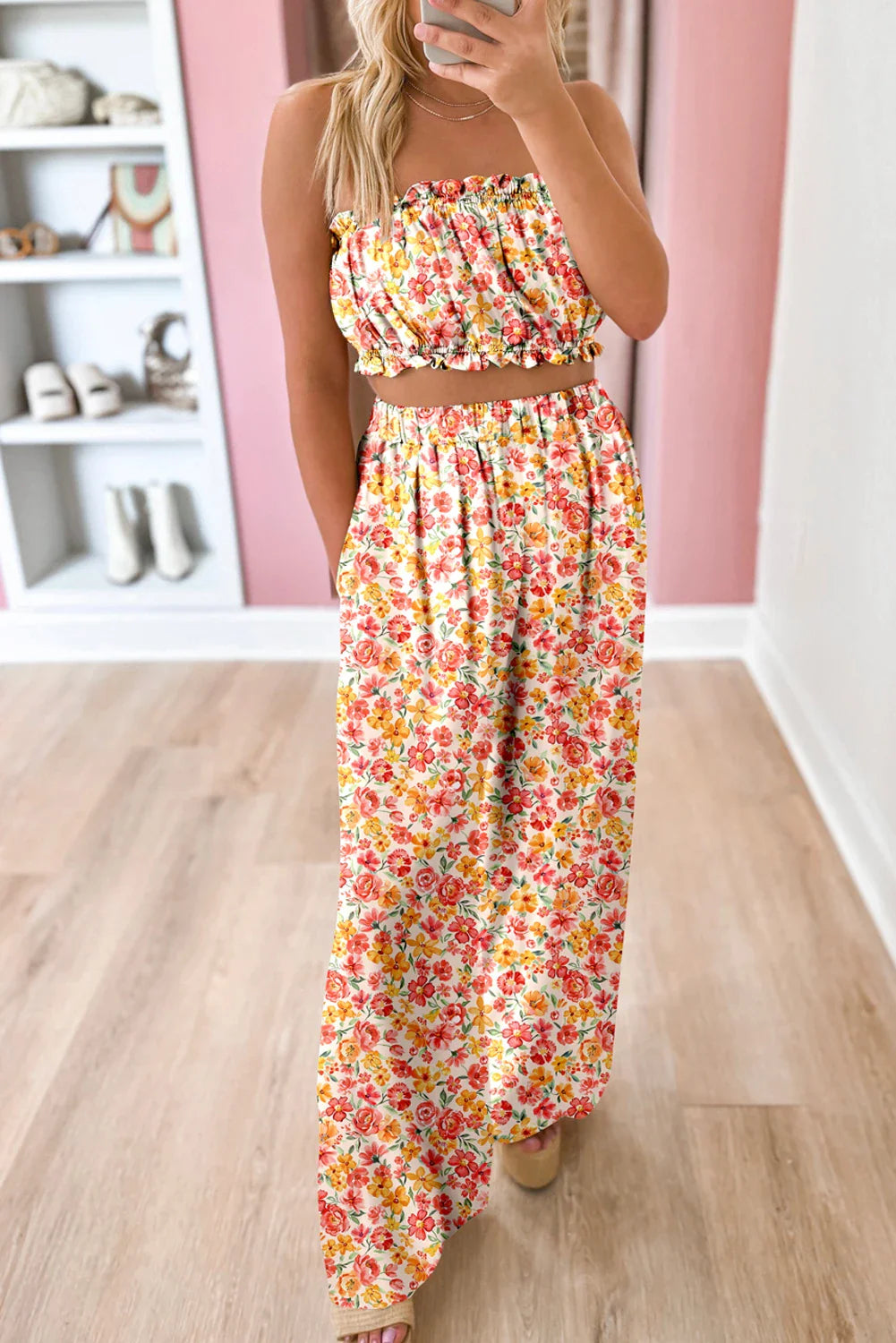 Boho Floral Top and High Waist Wide Leg Pants Set
