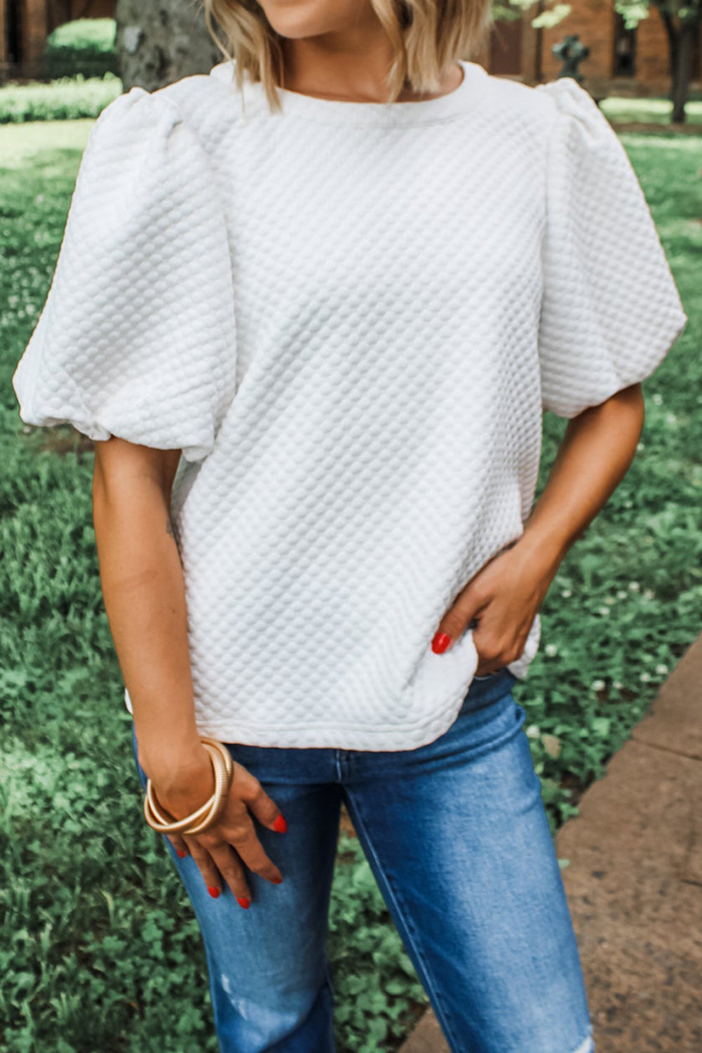 Textured O Neck Puff Sleeve Blouse