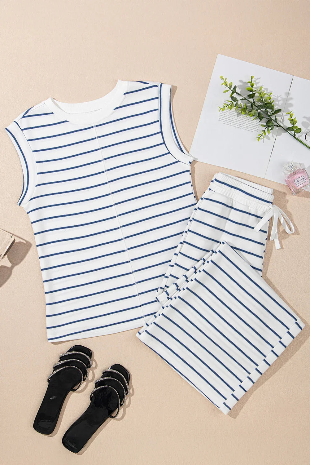 Striped Tee and Wide Leg Pants Set