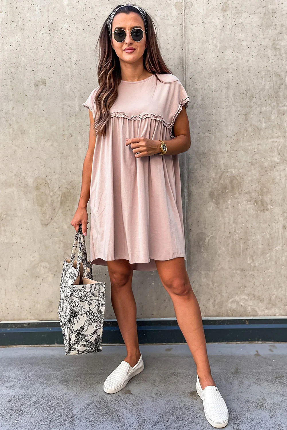 Frilled Trim Crewneck Mini Dress