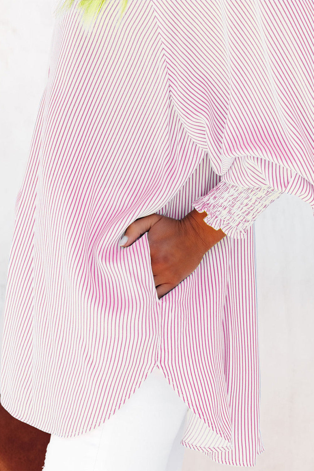 Smocked Cuffed Striped Shirt with Pocket