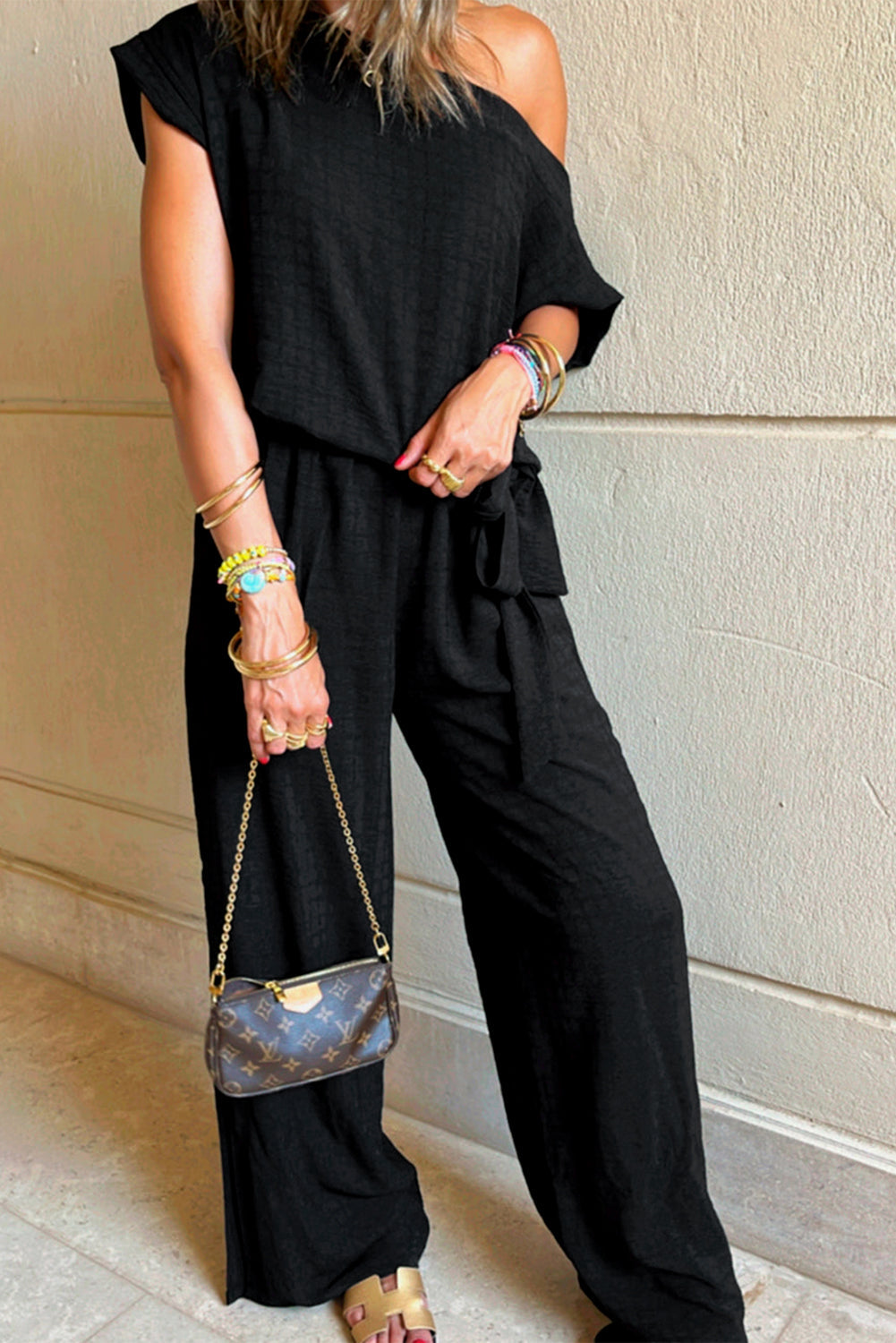 Checkered Textured Short Sleeve Knotted Waist Jumpsuit