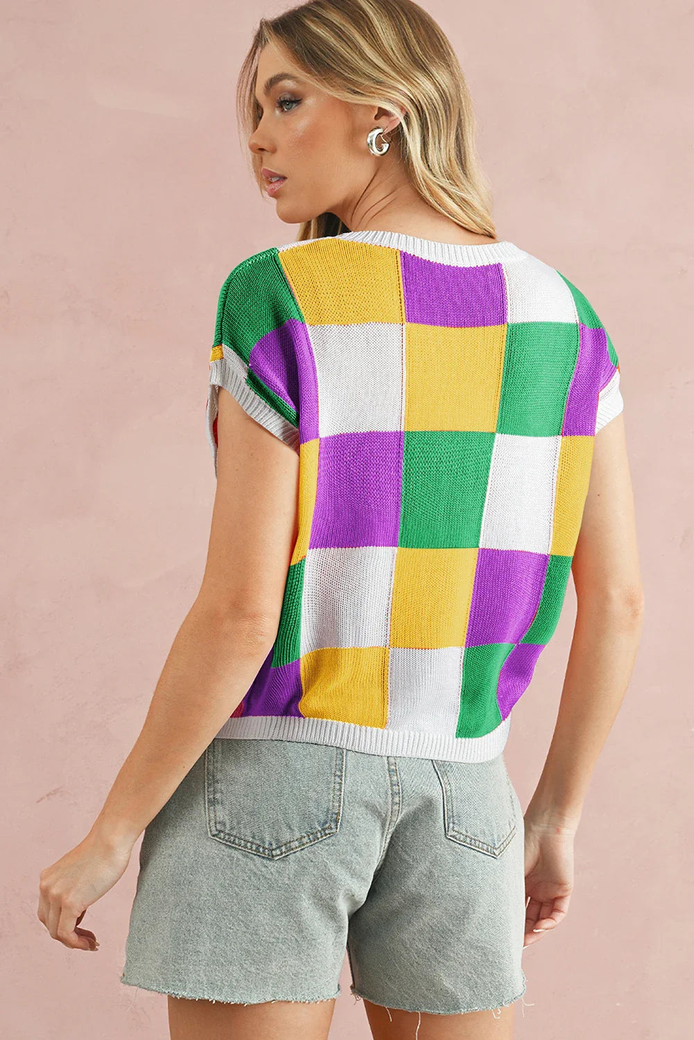 Checkered Color Block Cap Sleeve Sweater