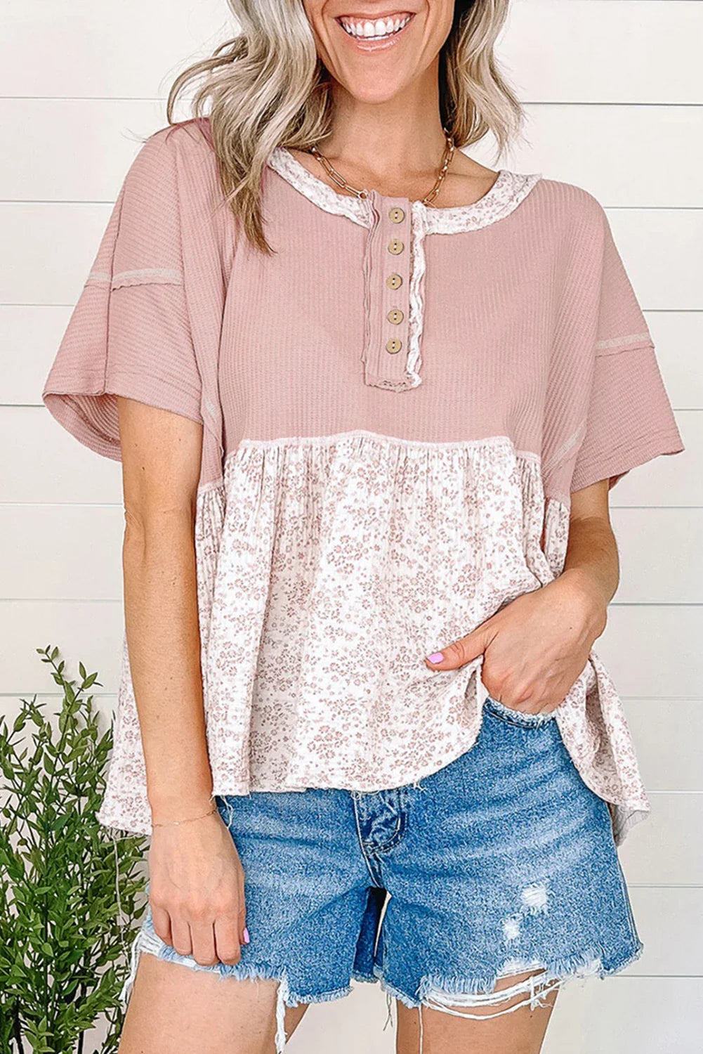 Waffle Floral Patchwork Top