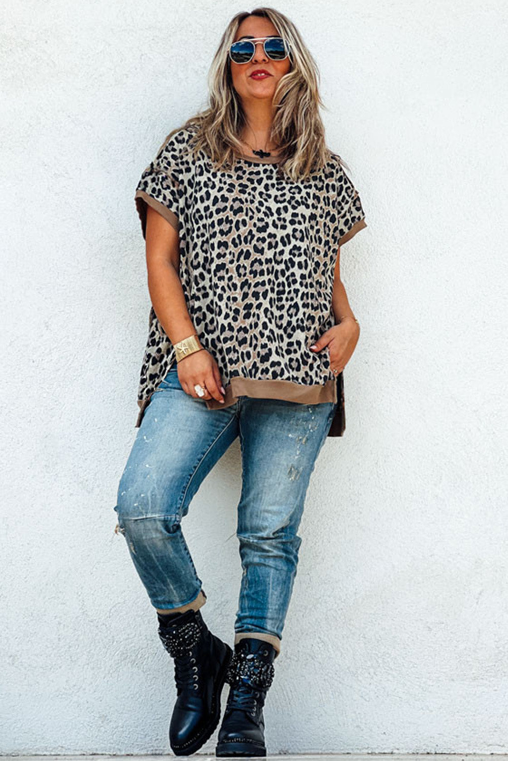 Plus Size Leopard Contrast Trim Top