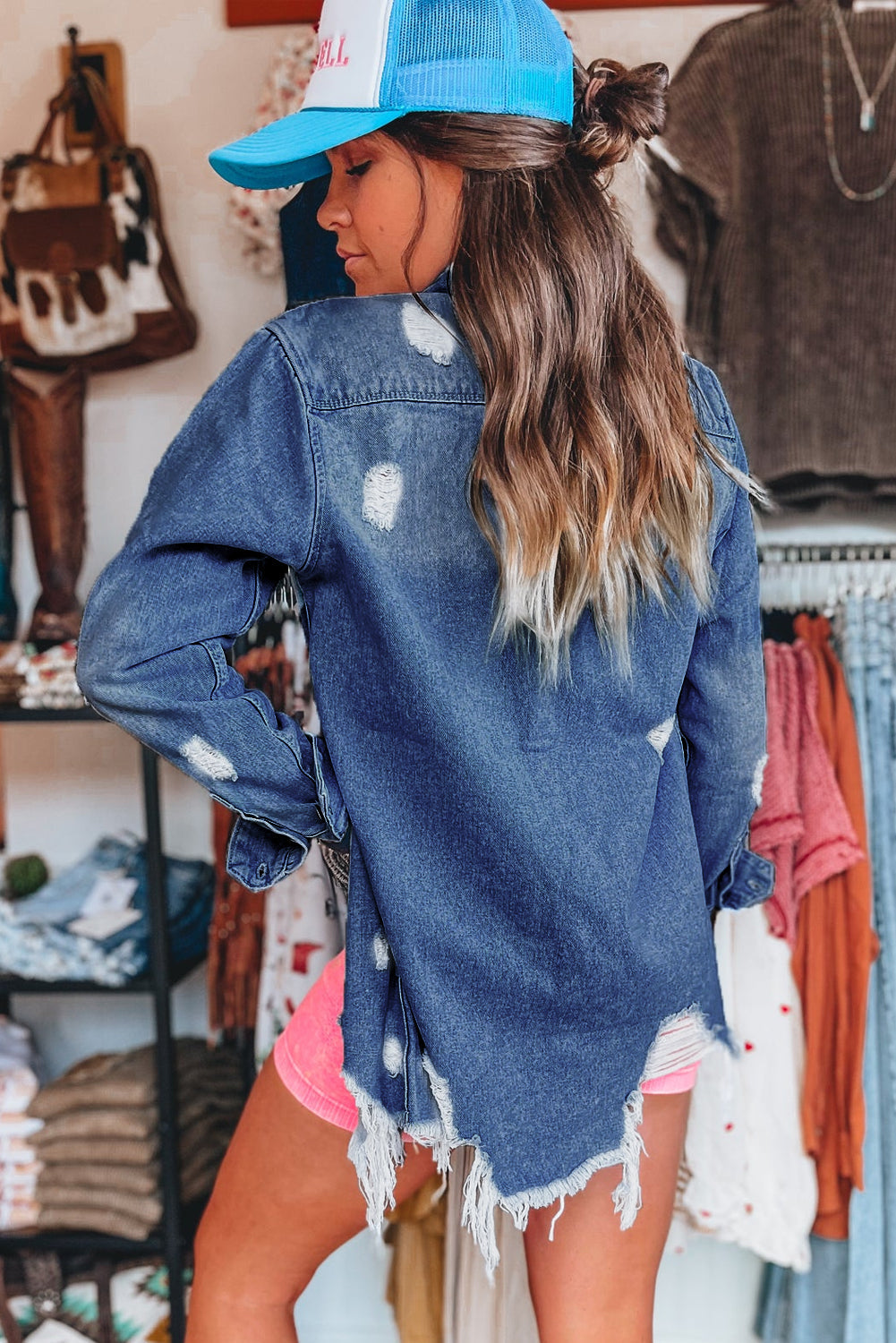 Wash Distressed Frayed Denim Jacket