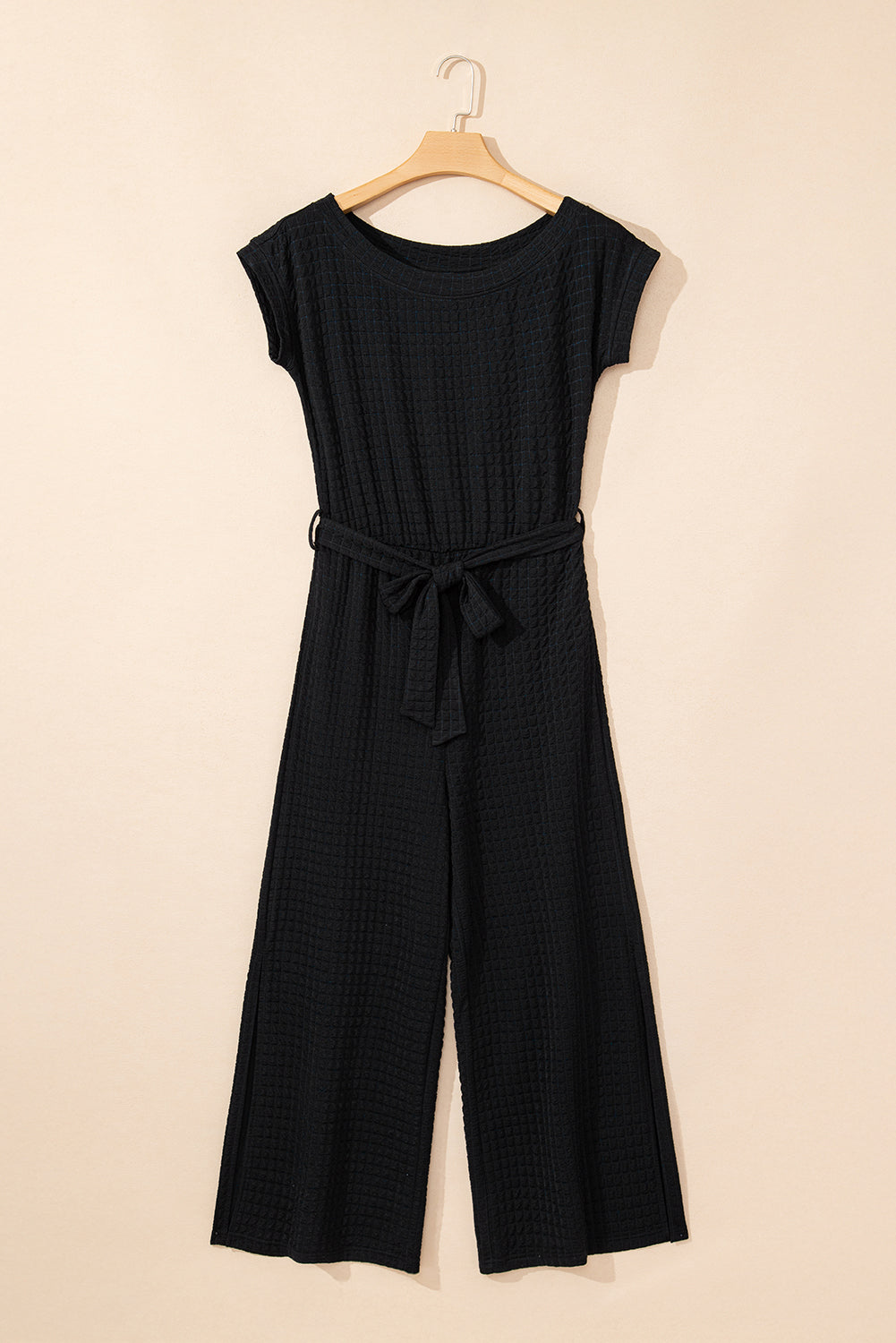 Checkered Textured Short Sleeve Knotted Waist Jumpsuit