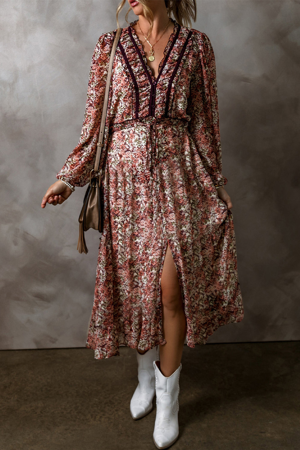 Floral Split Front Tiered Frilled Midi Dress