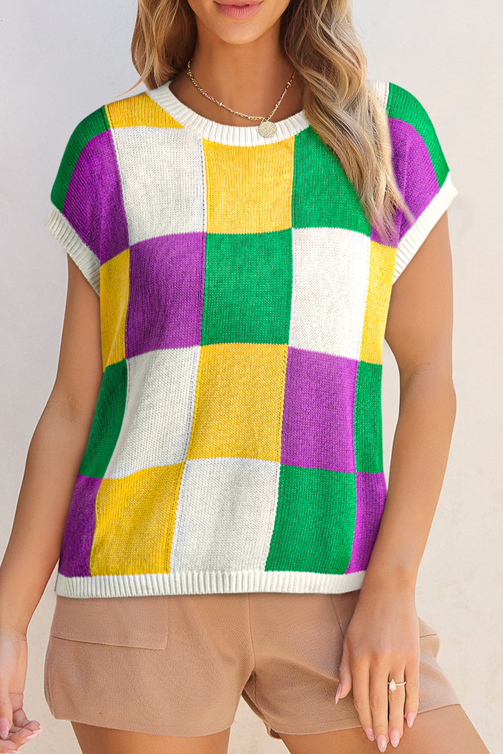 Checkered Color Block Cap Sleeve Sweater