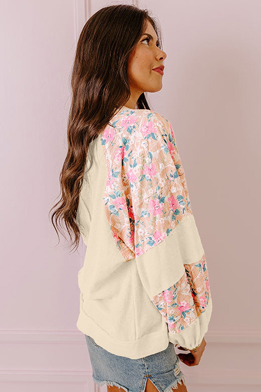 Textured Floral Patchwork Balloon Sleeve Blouse