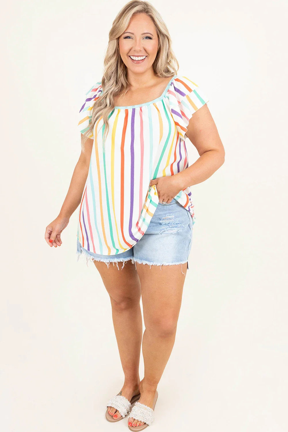 Plus Size Stripe Ruffled Sleeve Blouse