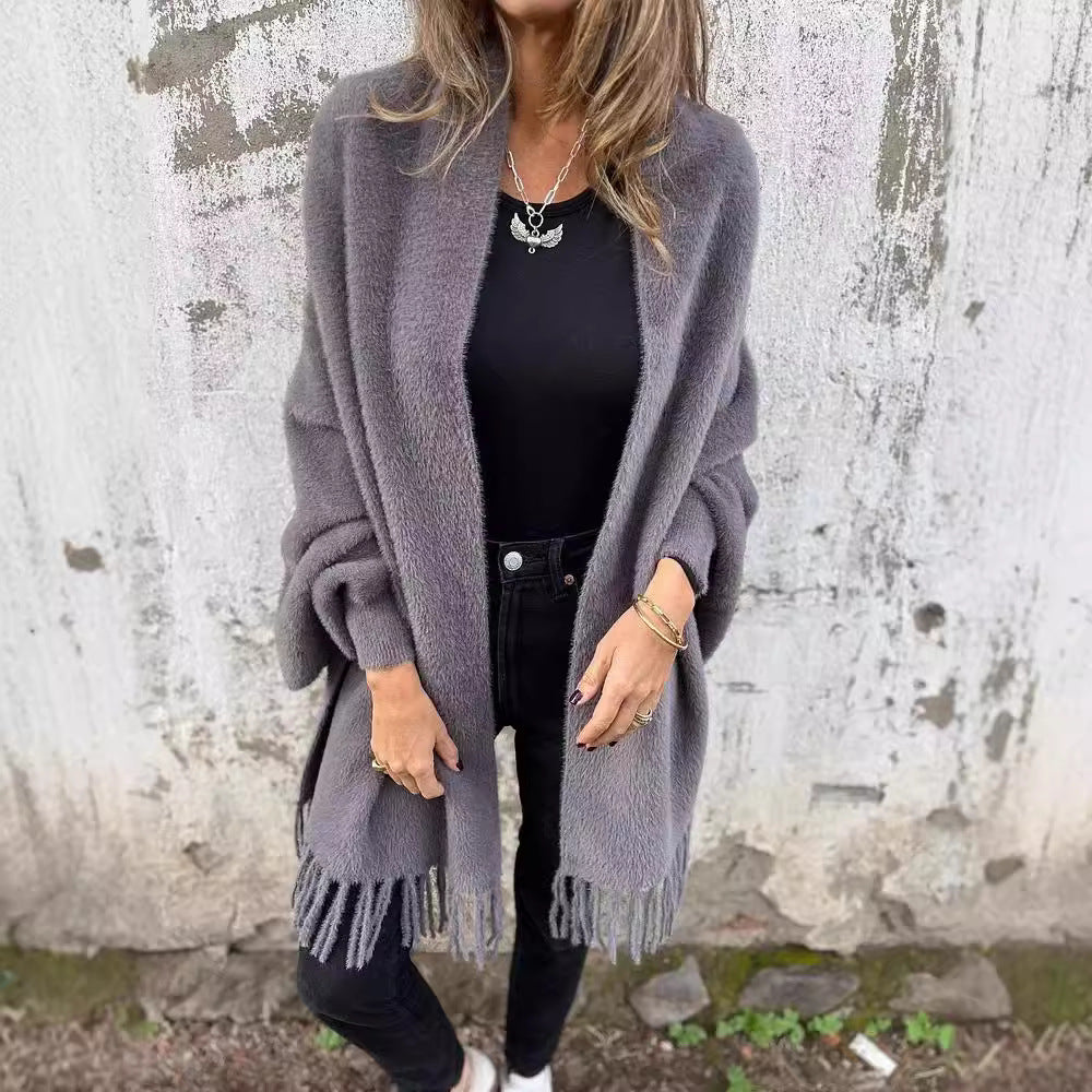 Faux Mink Fringed Shawl Cardigan