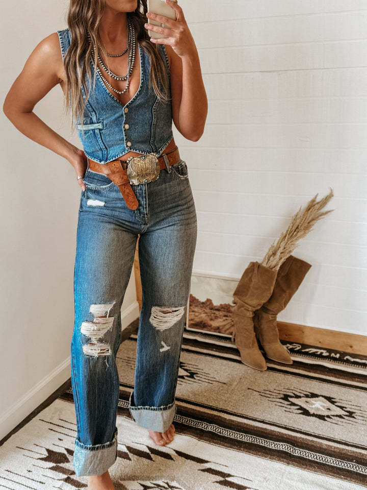 Western Button V Neck Denim Vest Top