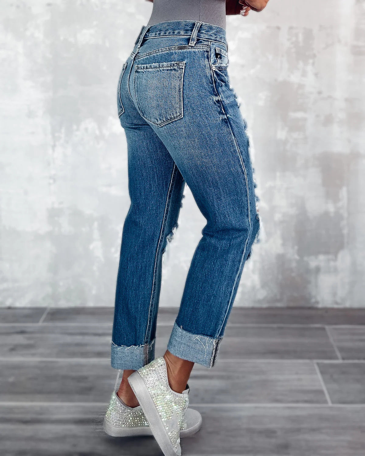 High Waist Ripped Straight Leg Jeans