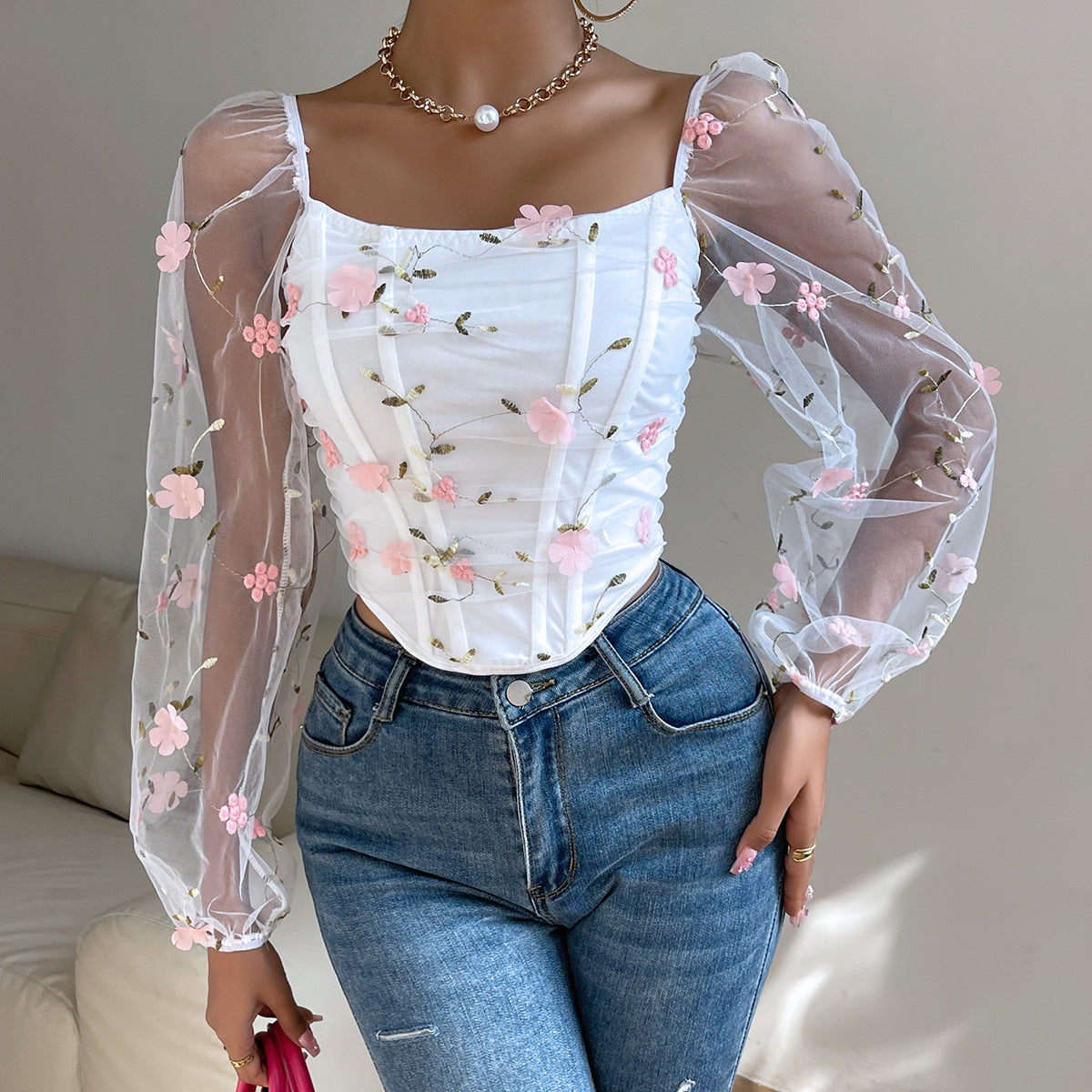 Floral Embroidery Off Shoulder Lantern Sleeve Curved Hem Top