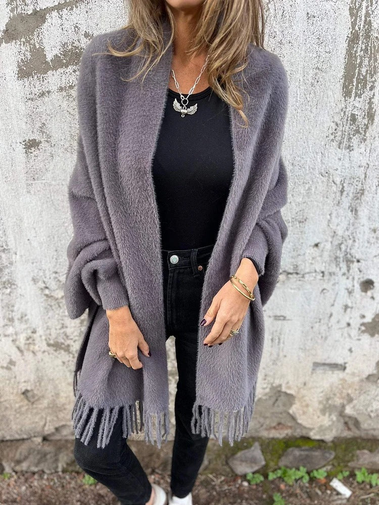 Faux Mink Fringed Shawl Cardigan