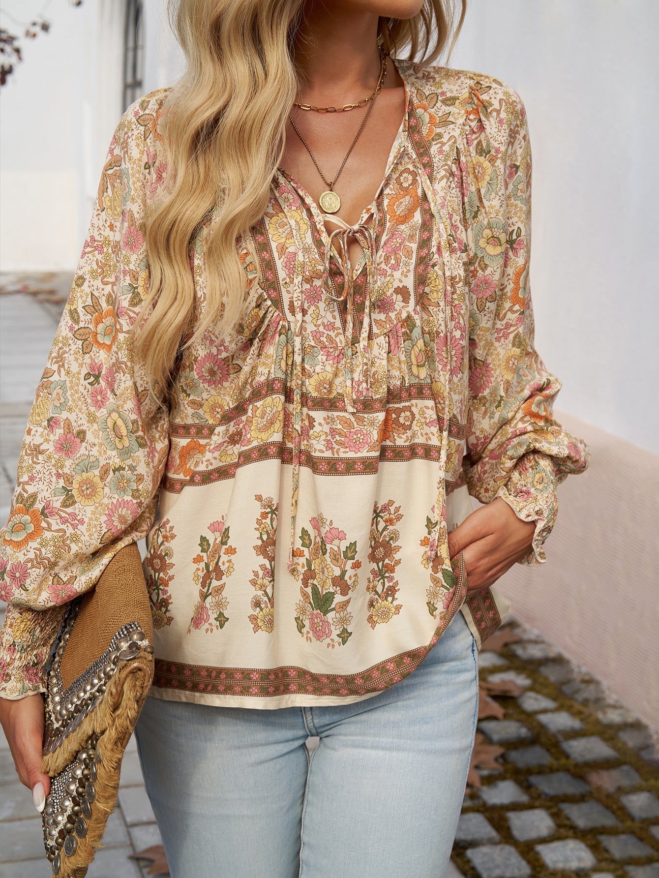 Tie Front V Neck Bohemian Top