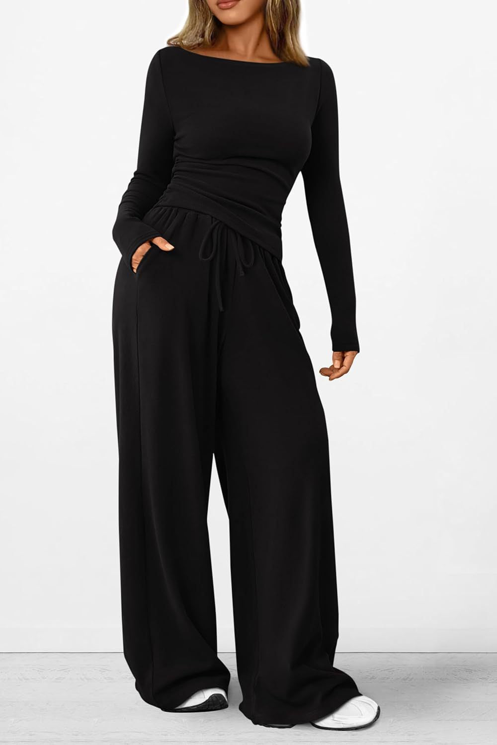 Solid Asymmetric T-Shirt + Wide Leg Pants Set