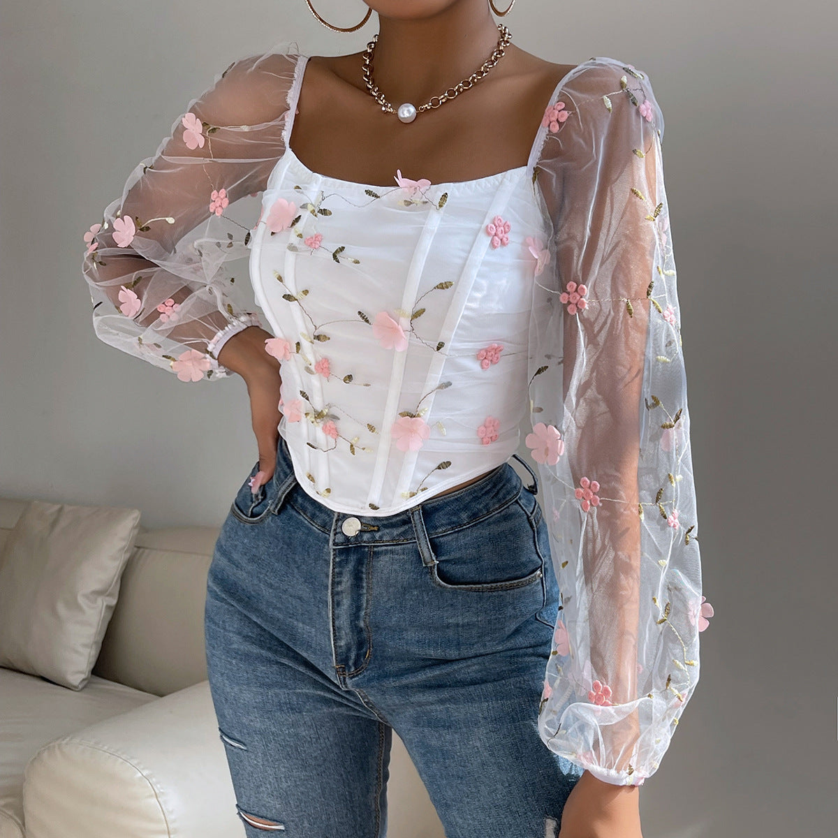 Floral Embroidery Off Shoulder Lantern Sleeve Curved Hem Top