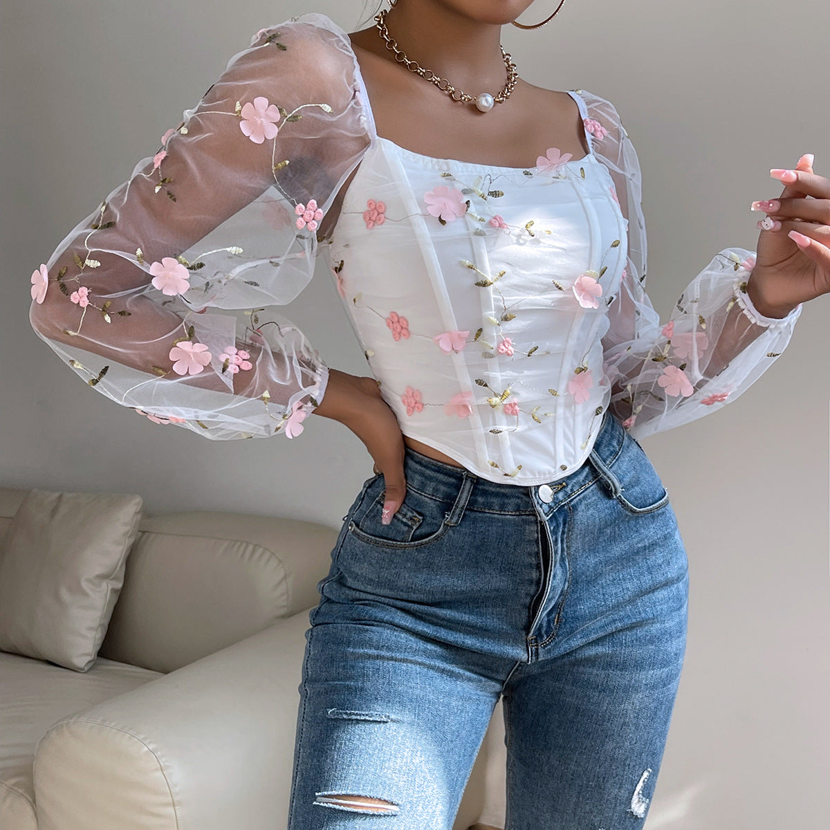 Floral Embroidery Off Shoulder Lantern Sleeve Curved Hem Top