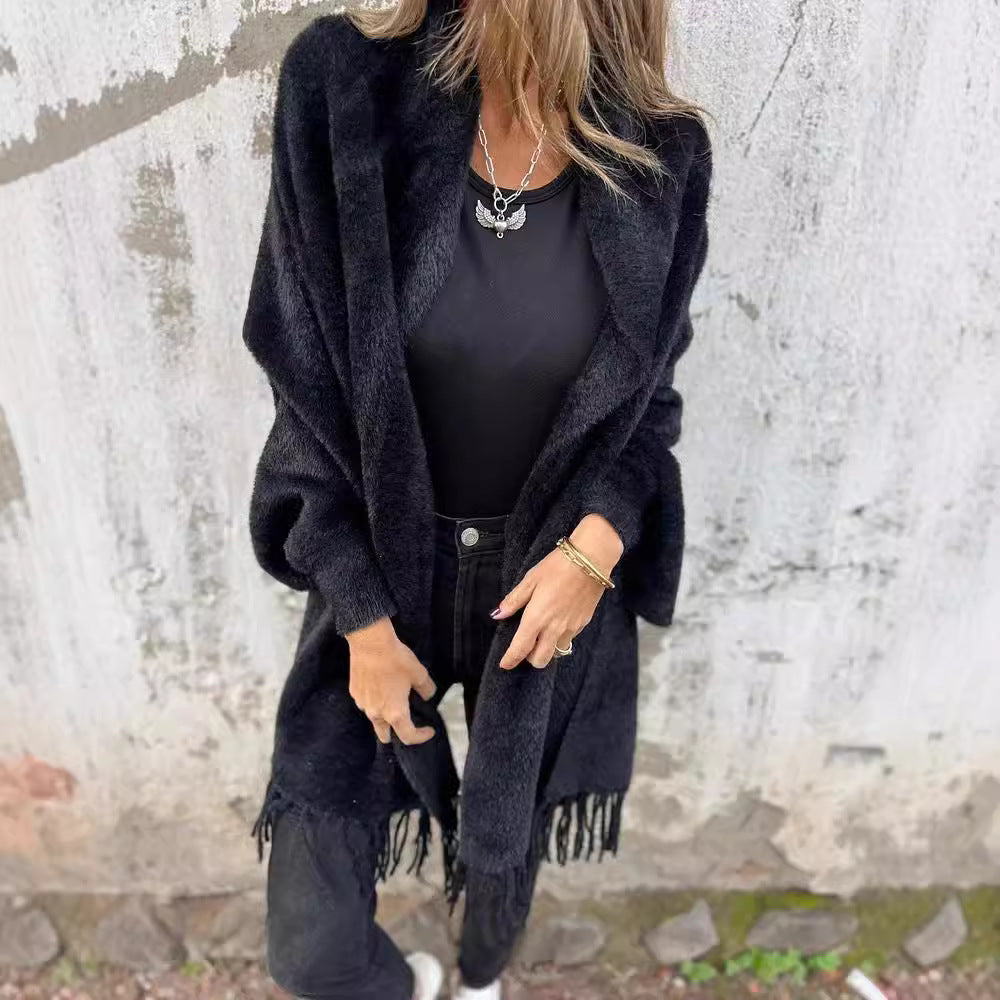Faux Mink Fringed Shawl Cardigan