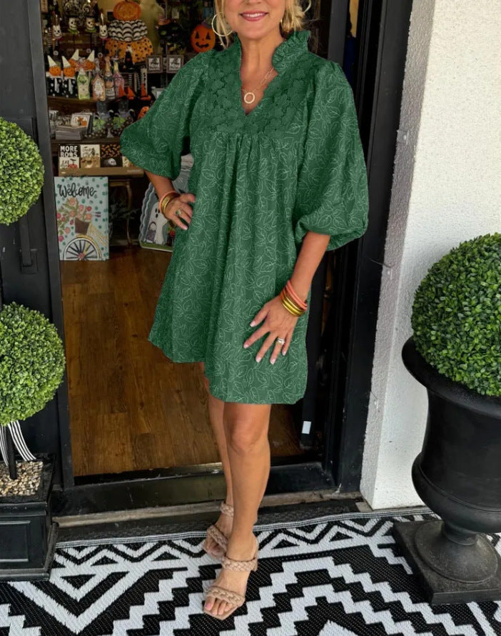 Puff Sleeve Leaf Jacquard Mini Dress