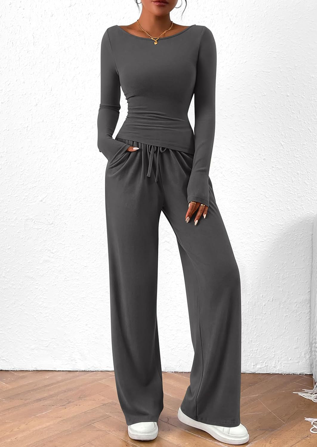 Solid Asymmetric T-Shirt + Wide Leg Pants Set