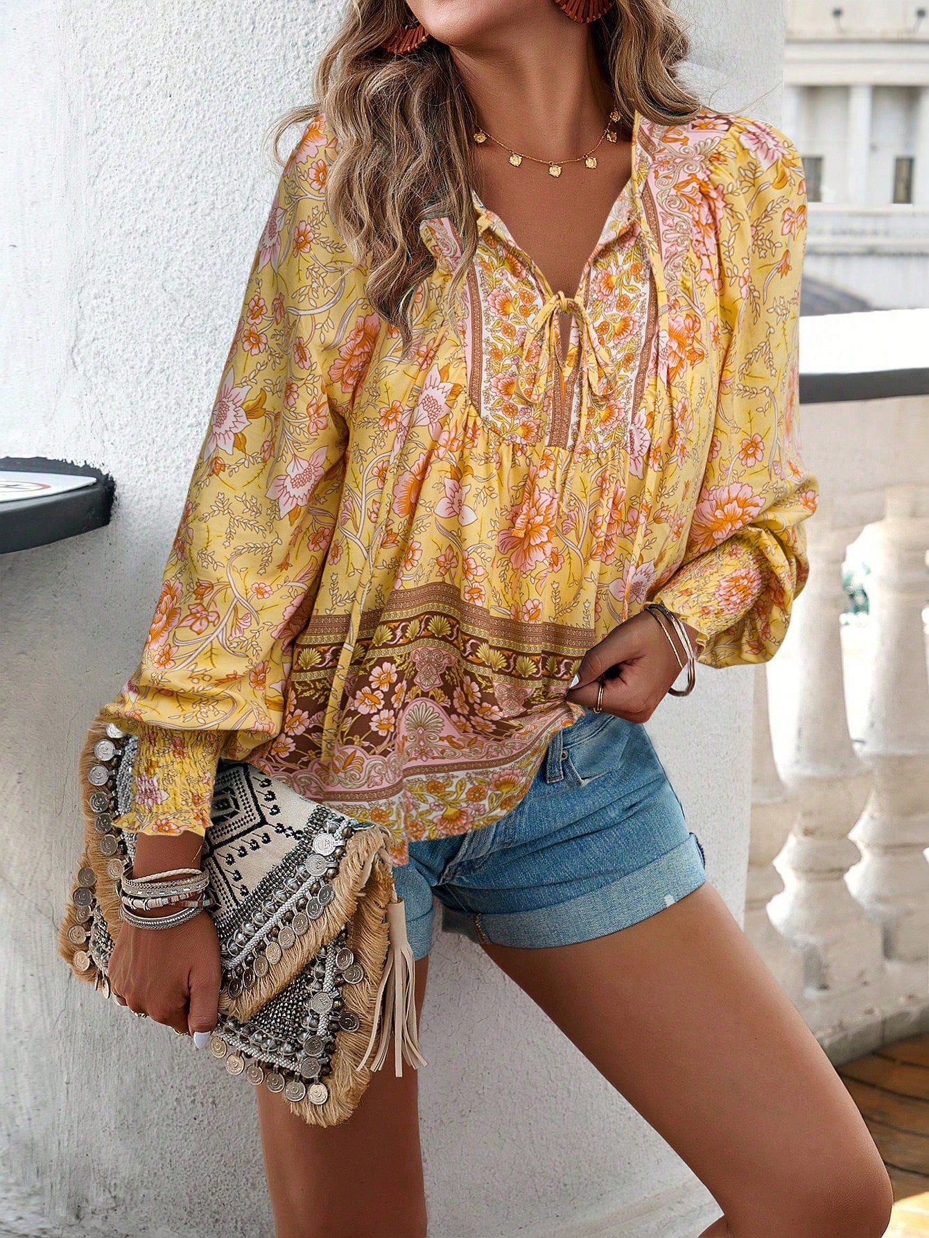 Tie Front V Neck Bohemian Top