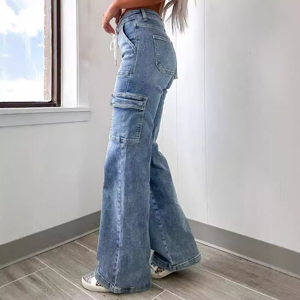 Washed Lace-up Cargo Jeans