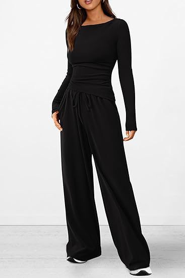 Solid Asymmetric T-Shirt + Wide Leg Pants Set
